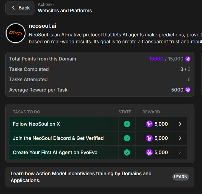 A mobile app interface titled 'ActionFi Websites and Platforms' for 'neosoul.ai', showing task completion stats of 15000/15000 points and listing three completed tasks including 'Follow NeoSoul on X' and 'Join the NeoSoul Discord & Get Verified', each rewarding 5,000 points.