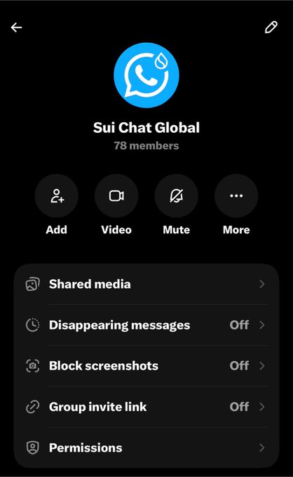 The image shows the WhatsApp group info page for "Sui Chat Global" with 78 members, featuring options like Shared media, Disappearing messages, Block screenshots, Group invite link, and Permissions. This corresponds to the post promoting the official SUI Global Chat group created by @EmanAbio for community members.