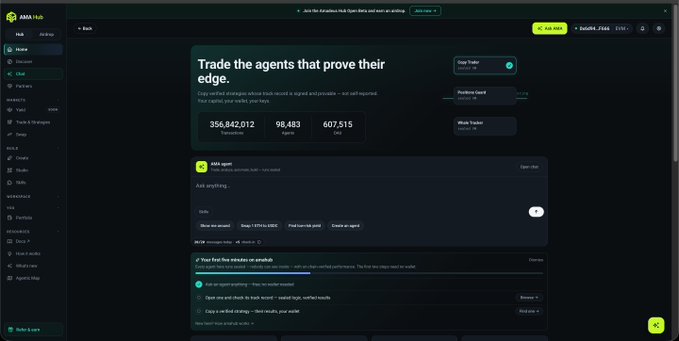 A screenshot of the AI Agent Hub website interface displaying an "Open chat" section to "Trade the agents that prove their edge."