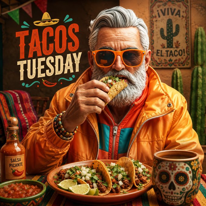 A promotional 'TACOS TUESDAY' graphic features a gray-bearded man with orange sunglasses eating a taco, surrounded by a plate of tacos with lime wedges, a 'SALSA PICANTE' bottle, a sugar-skull mug, and a '¡VIVA EL TACO!' sign with cacti.