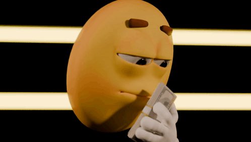 A yellow emoji-like figure with furrowed brows holds cash close to its face against a black background with two glowing horizontal yellow light bars.