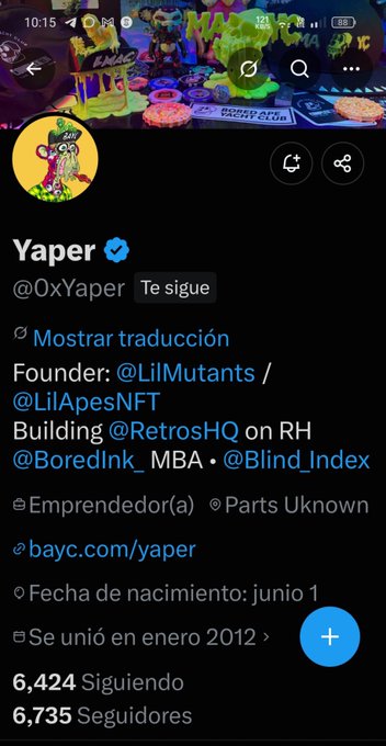 A Twitter/X profile screenshot for Yaper (@0xYaper) featuring a colorful ape avatar with a cowboy hat, identifying him as the founder of @LilMutants and @LilApesNFT, building @RetrosHQ on RH, with 6,424 following and 6,735 followers.