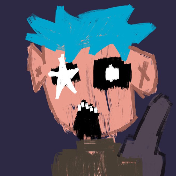 A rough digital sketch shows a cartoonish character with spiky bright blue hair, a white star over one eye, a black goatee, and a raised hand. The post jokes about looking disheveled after playing tennis and showering, comparing the self-portrait to the "uglyguysNFT" style.