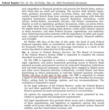 The image shows a document titled "FEDERAL REGISTER VOL. 91 NO. 99 Friday, May 22, 2020". The document appears to be discussing regulations related to cryptocurrency companies like Ripple. It mentions that Trump signed an EO giving the Federal Reserve 120 days to decide whether crypto firms get direct access to US payment rails. This suggests that there might be a legal issue or dispute regarding this matter and it is up to the Federal Reserve to make a decision on the matter by September.