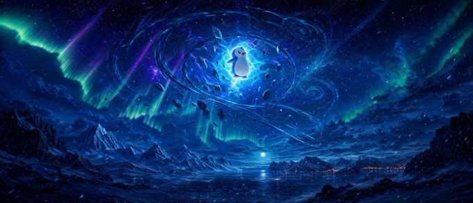 Digital fantasy artwork depicting a small ghost-like figure floating in a swirling cosmic portal above a nighttime landscape with mountains, water, and green aurora borealis.