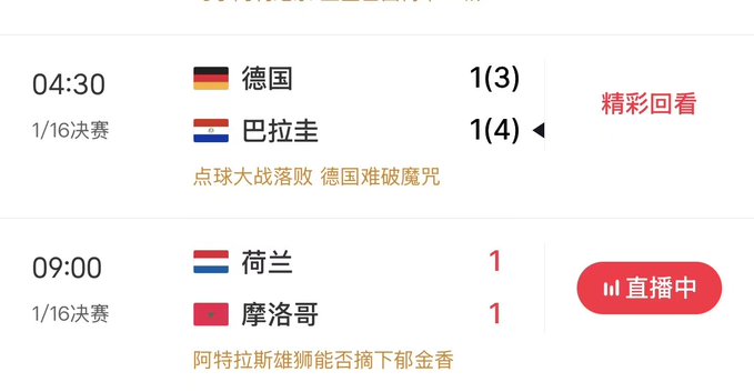 A Chinese sports schedule showing 1/16 finals results: Germany (德国) vs Paraguay (巴拉圭) ended 1(3)-1(4) at 04:30, and Netherlands (荷兰) vs Morocco (摩洛哥) tied 1-1 at 09:00 (currently live).