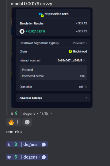 A screenshot from the 'clan.tech' interface shows a transaction simulation with a $53.12 gain on 0.0210 ETH, involving an 'Unknown Signature Type' and a sell operation on the Robinhood chain.