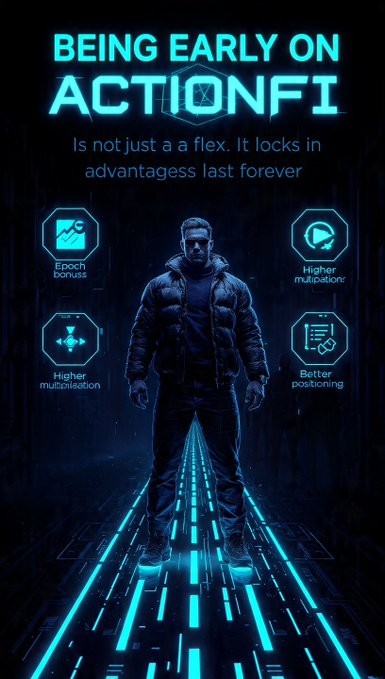 The image features a futuristic figure standing on a glowing neon-lit pathway with the bold text "BEING EARLY ON ACTIONFI" and "Is not just a flex. It locks in advantagess last forever," surrounded by icons highlighting "Epoch bonus," "Higher multipliers," and "Better positioning."

The caption reinforces the post's message by visually emphasizing the long-term advantages of joining ActionFi early, showcasing the rewards (epoch bonuses, higher multipliers, and better positioning) as locked-in benefits for early participants.
