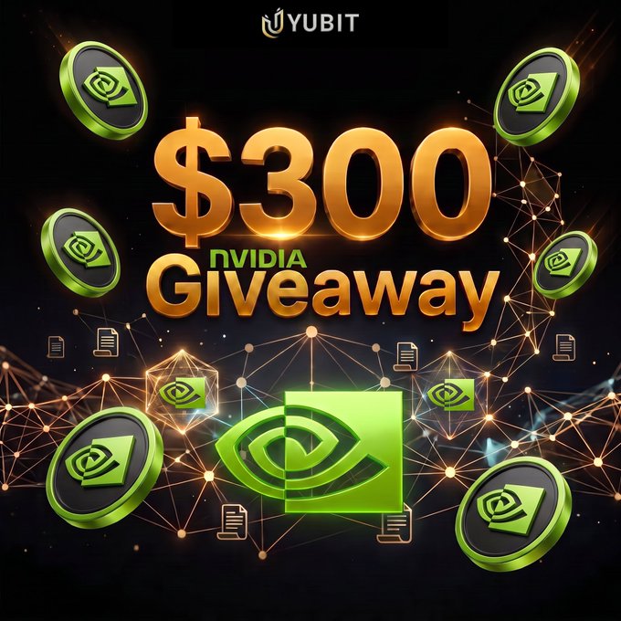The image is a promotional graphic for "YUBIT $300 NVIDIA Giveaway," featuring a large central NVIDIA logo surrounded by floating coin-like icons with the NVIDIA branding, set against a dark background with a glowing network/chain motif. It visually reinforces the post's announcement by pairing the giveaway amount with NVIDIA's iconic eye-shaped logo, tying the contest to the AI-driven momentum the post describes.