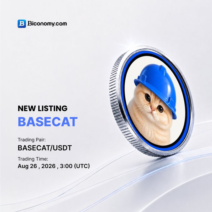 A Biconomy.com promotional graphic announcing a "NEW LISTING" for "BASECAT" token with trading pair BASECAT/USDT and trading time of Aug 26, 2026, 3:00 (UTC), featuring a coin with a cat wearing a blue construction helmet.