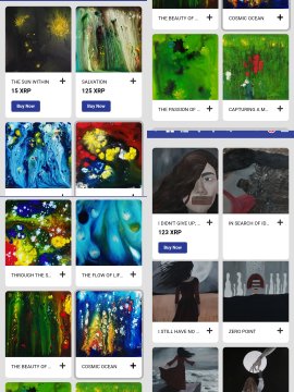 A grid of digital art and NFT thumbnails featuring titles like 'THE SUN WITHIN', 'GALAXYTON', 'THE MOUNTAIN OF...', 'I DREAMED SHE L...', 'IN SEARCH OF...', 'THROUGH THE S...', 'THE FLOW OF LI...', 'I STILL HAVE SO...', and 'ZEUS (YING)'.