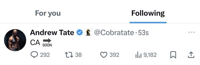 Andrew Tate's verified X (@Cobratate) account shows a brief post reading "CA ➡️ SOON" with 392 likes, 38 retweets, and 9,182 views, teasing the imminent release of his "$TRW" coin "The Real World" as referenced in the accompanying announcement.