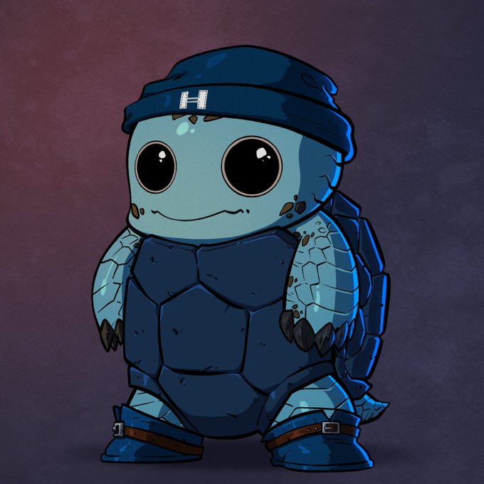A cartoon illustration of a cute, bipedal turtle character wearing a blue beanie with the letter 'H', matching blue boots, and a dark blue shell, standing against a purple gradient background.