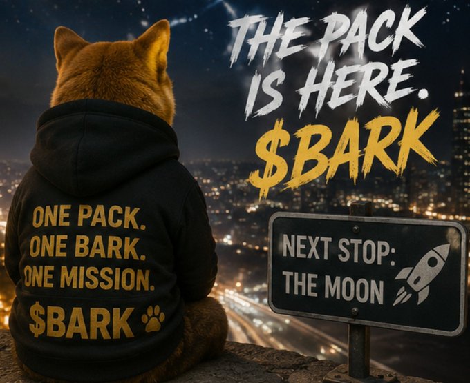 A Shiba Inu dog wearing a black hoodie with "ONE PACK. ONE BARK. ONE MISSION. $BARK" sits overlooking a nighttime cityscape next to a sign reading "NEXT STOP: THE MOON." The motivational graphics and "to the moon" imagery directly reinforce the post's claim of $BARK gaining momentum as a top performer.