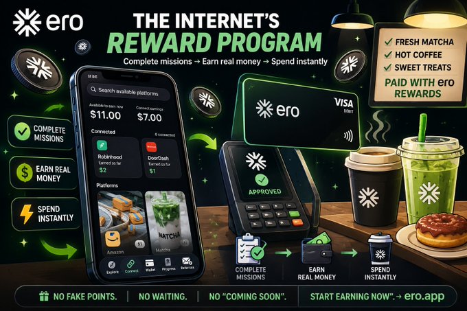 An advertisement for 'ero' – the internet's reward program, showing a smartphone with connected apps (UberFood, DoorDash, Amazon, Matcha) and a Visa debit card, promoting earning real money from completing missions.