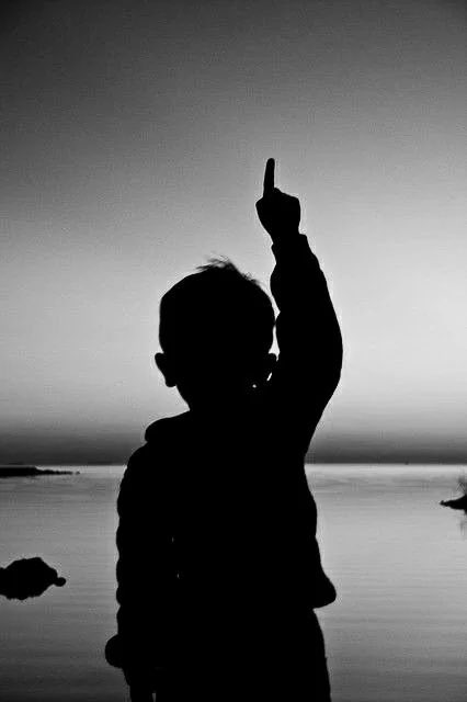 A black and white silhouette of a person pointing a finger upward, set against a bright background with a distant horizon.