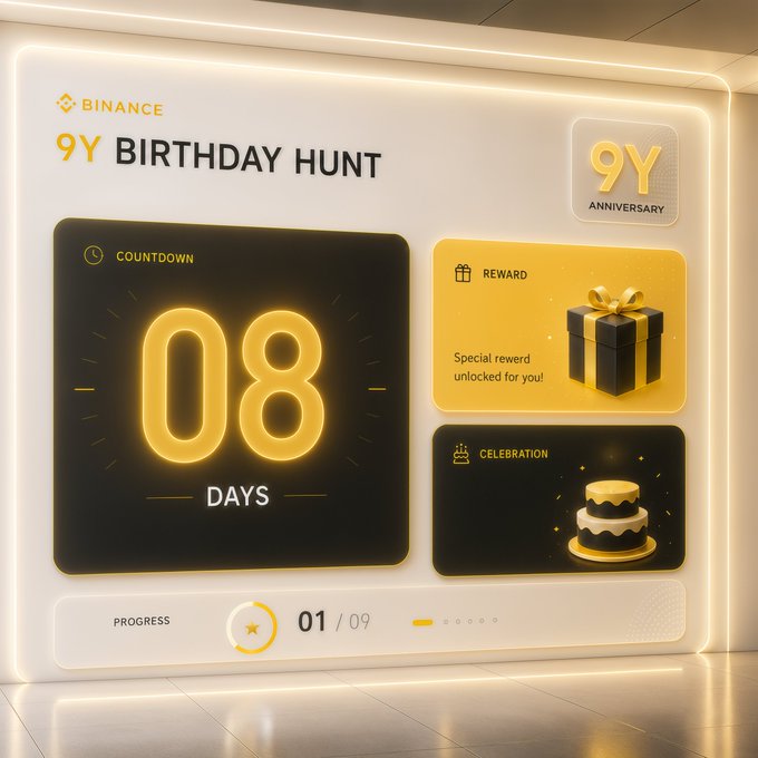 A sleek Binance "9Y Birthday Hunt" promotional panel displays a glowing countdown of "08 DAYS," a special reward gift box, a celebration cake, and a progress tracker showing "01/09" completed.