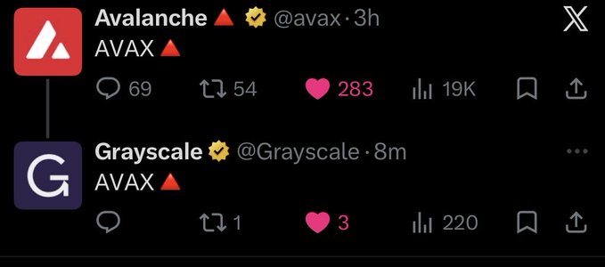 A screenshot of X (Twitter) posts from Avalanche (@avax) and Grayscale (@Grayscale), both displaying a red upward triangle next to 'AVAX', indicating a price increase.