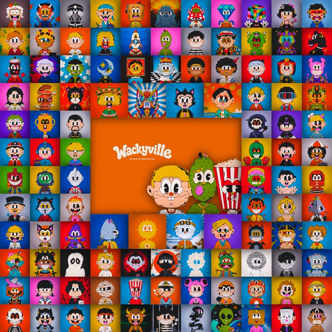 A vibrant grid of colorful, cartoonish pixel-art character portraits surrounds a central orange panel featuring three characters—a blonde figure, a pickle, and a popcorn mascot—beneath the "Wackyville" logo, showcasing the diverse NFT collection that all holders are eligible for.