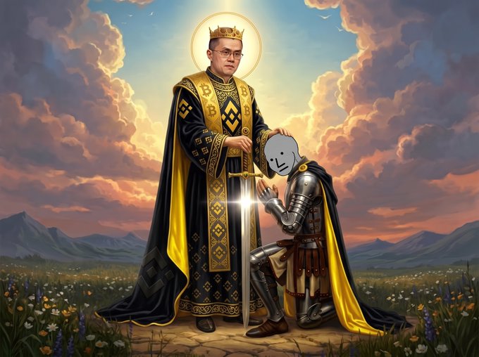 A digital painting in the style of a religious icon depicting a crowned man in royal robes with a halo, holding a sword, standing beside a kneeling knight in armor; a robotic head with a simple smiley face replaces the knight's head.