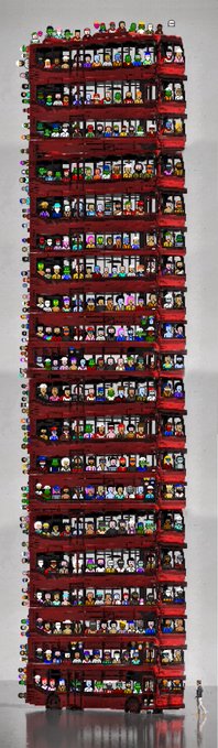 A tall red wooden shelving unit filled with numerous small bottles and figurines, viewed from a wide angle with a small figure standing at the bottom.