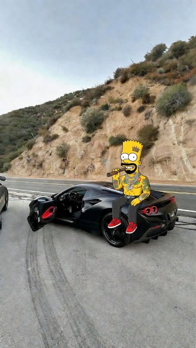 Bart Simpson edited onto the hood of a black Ferrari sports car parked on a winding mountain road.