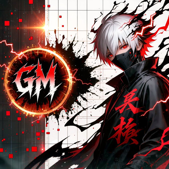 Anime-style artwork featuring a character with white and red hair wearing a black mask and jacket, alongside a stylized 'GTM' logo with red lightning effects and Japanese/Chinese characters on a black-and-white grid background.