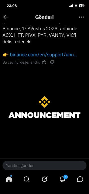 A screenshot of a mobile chat in Turkish stating 'Binance, 17 Ağustos 2026 tarihinde ACX, HFT, PIVX, PYR, VANRY, VIC'i delist edecek', announcing that Binance will delist these tokens.