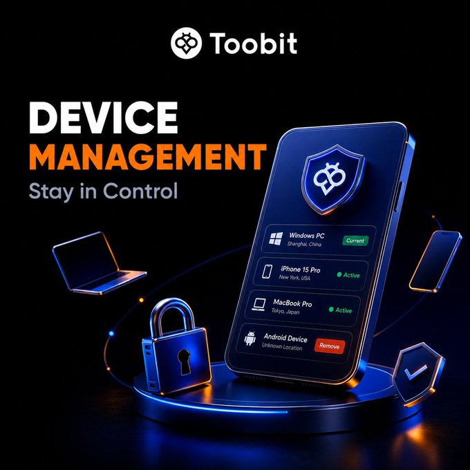 A promotional graphic for Toobit features the Toobit logo and the tagline "Whoever sees this post, i pray something good happens to you this week." alongside a 3D illustration of a smartphone displaying a Device Management screen with active sessions for a Windows PC, iPhone, MacBook Pro, and an unknown Android device, visually reinforcing the post's message about monitoring connected devices for account security.