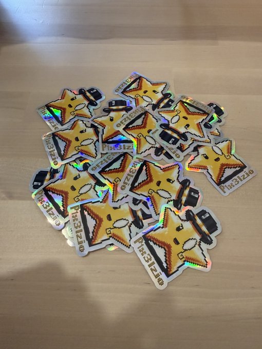 A pile of holographic star-shaped stickers featuring a cartoon face wearing a hat and sunglasses, with the text 'Biz1210' printed on them.