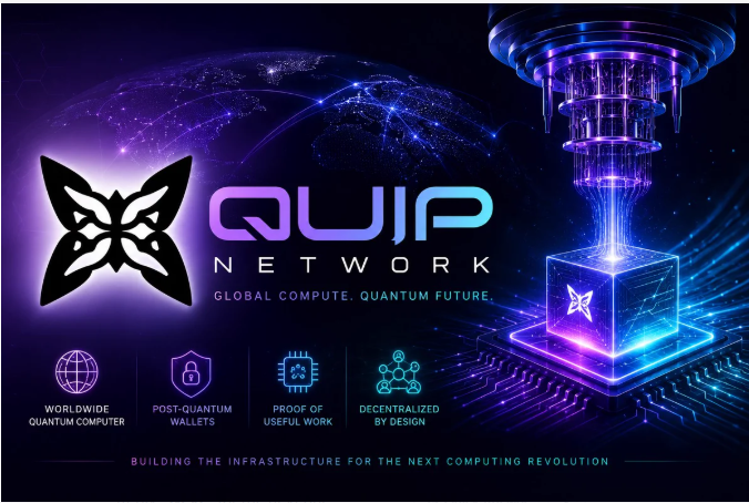 A promotional banner for Quip Network featuring their butterfly logo, a globe graphic, a quantum computer illustration, and features including Worldwide Quantum Computer, Post-Quantum Wallets, Proof of Useful Work, and Decentralized by Design.