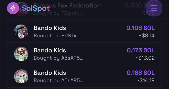 A SolSpot marketplace screenshot showing NFT transactions for 'Bando Kids' and 'Famous Fox Federation' collections. Three visible Bando Kids purchases are listed at 0.108 SOL (~$8.14), 0.173 SOL (~$13.02), and 0.188 SOL (~$14.19), bought by various users with truncated wallet addresses.
