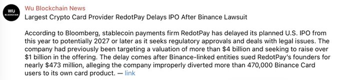 The image shows a Wu Blockchain News article headline reading "Largest Crypto Card Provider RedotPay Delays IPO After Binance Lawsuit," with details noting that RedotPay postponed its U.S. IPO to 2027 or later while seeking regulatory approval and dealing with legal issues, after Binance-linked entities sued its founders for nearly $473 million. The caption "cz is the final boss" relates to the post referencing former Binance CEO Changpeng Zhao (CZ), suggesting his legal actions against RedotPay's founders are the ultimate obstacle forcing the company to delay its IPO plans.