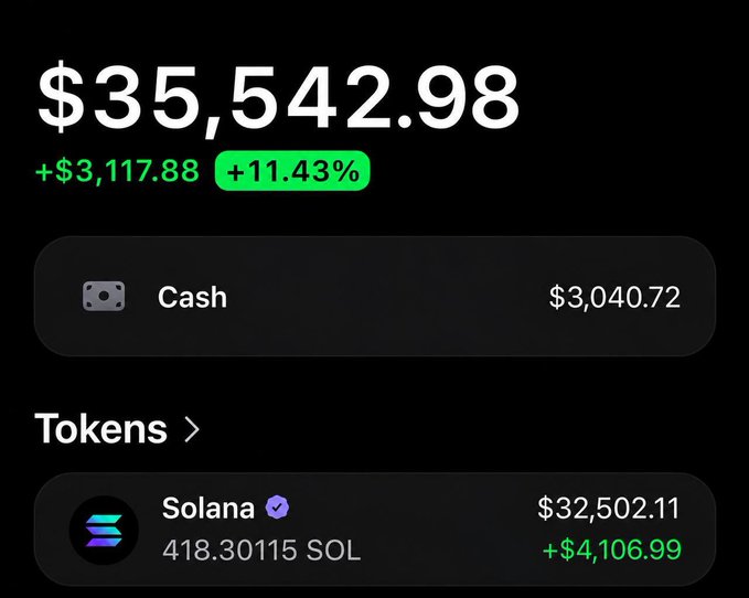 A portfolio screenshot showing a total balance of $35,542.98, up +$3,117.88 (+11.43%), with $3,040.72 in cash and a Solana holding of 418.30115 SOL valued at $32,502.11 (+$4,106.99).