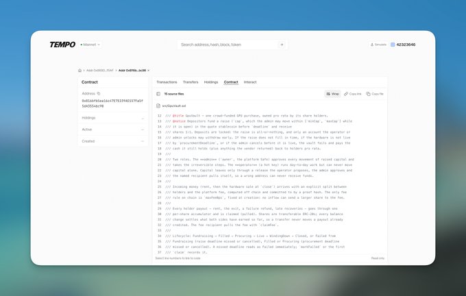 A screenshot of the Tempo blockchain explorer showing contract details for '0xd416f44ac447e1dbfe1f7292d33faf3a8355daf6', including transactions, transfers, holdings, and contract source code.