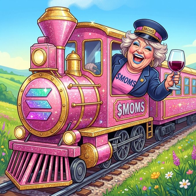 A vibrant cartoon-style illustration shows a woman wearing a conductor's hat and a pink '$MOMS' shirt, holding a wine glass while leaning out of a sparkly pink train engine labeled '$MOMS' on green tracks.