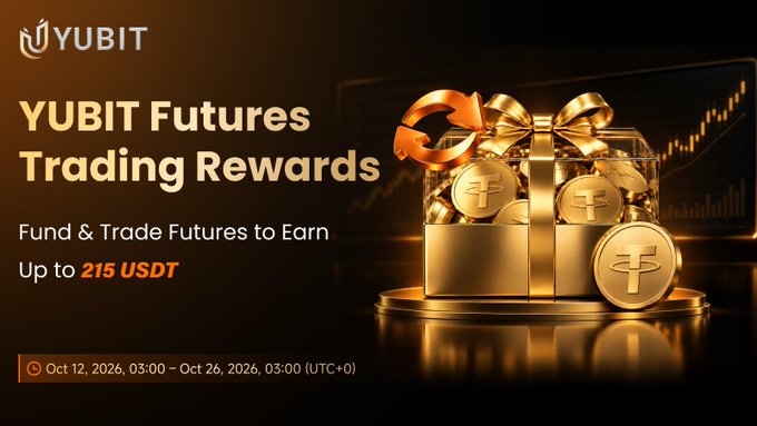 A promotional banner for 'YUBIT Futures Trading Rewards' on the YUBIT exchange, offering up to 215 USDT for trading between October 12-26, 2026.