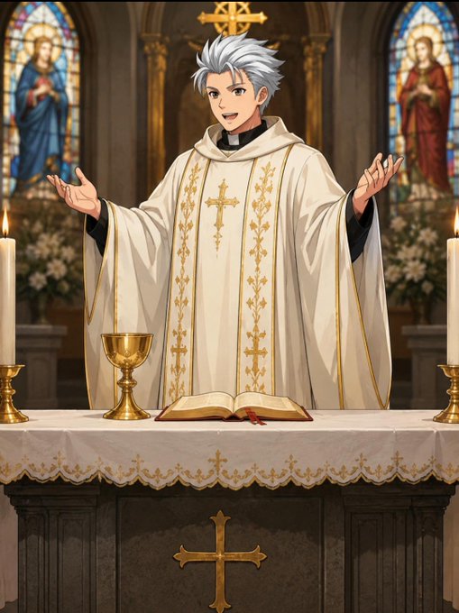 An anime-style priest with silver hair stands at an altar with arms raised, wearing white and gold vestments adorned with crosses, with stained glass windows visible behind him.