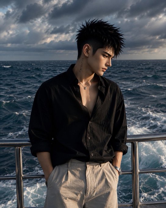 A young man with spiky black hair wearing a black shirt stands on a boat looking out at the ocean under a cloudy sky.