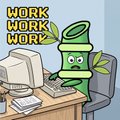 A cartoon illustration of an anthropomorphized green 3.5-inch floppy disk character working at a computer desk with the text 'WORK WORK WORK!'.