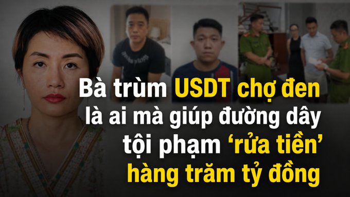 A Vietnamese news thumbnail showing a woman's portrait alongside smaller images of men, with text reading 'Bà trùm USDT chợ đen là ai mà giúp đường dây tội phạm "rửa tiền" hàng trăm tỷ đồng'.