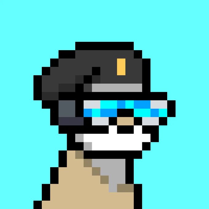 Pixel art illustration of a character in a black helmet with a yellow visor detail and blue/teal accents, set against a cyan background.
