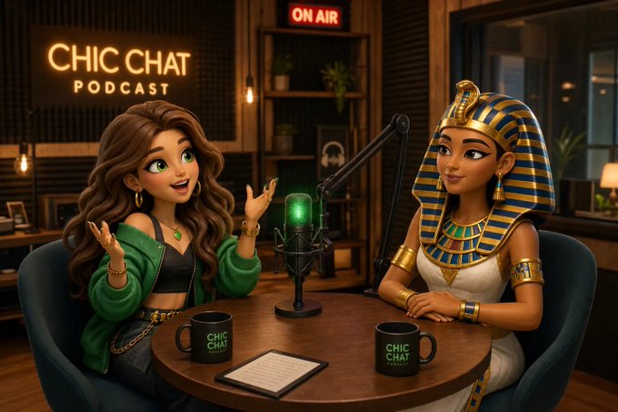 The image features two cartoon women sitting at a table, having a conversation with microphones in front of them. The woman on the left has her hand raised while talking, and there are coffee cups placed on the table between them. A sign reading "Chic Chat Podcast" is visible in the background, indicating that this scene takes place during an episode of their podcast.