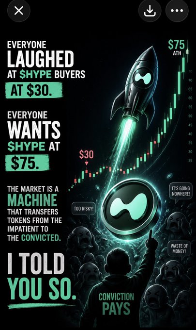 The image presents an advertisement for a product or service related to cryptocurrency trading. The background of the poster features a rocket ship, symbolizing growth and success in the world of cryptocurrency. The main text in the image reads: "Everyone laughed at $HYPE buyers at $30. Everyone wants $HYPE at $75. The market is a machine that transfers tokens from the impatient to the convicted." This statement indicates that the advertisement is promoting the idea that everyone seems to be trying to invest in cryptocurrency, especially at $75 or higher, based on its current popularity and growth within the market.