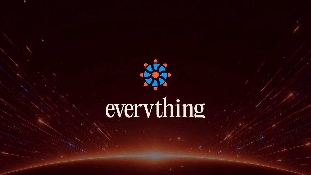The image features a large, colorful logo with the words "Everything" written above it. The background of the image is dark red, which contrasts with the blue and orange elements of the logo. There are also several small white stars scattered throughout the image, adding to its visual appeal. The text in the image reads: "Prediction markets are live. The next stage of Everything begins today. Call the outcome. Win if you'r right."
