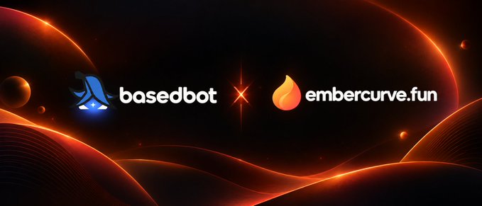 A promotional banner with a dark cosmic background showing logos for 'basedbot' and 'embercurve.fun' separated by an 'x' symbol.