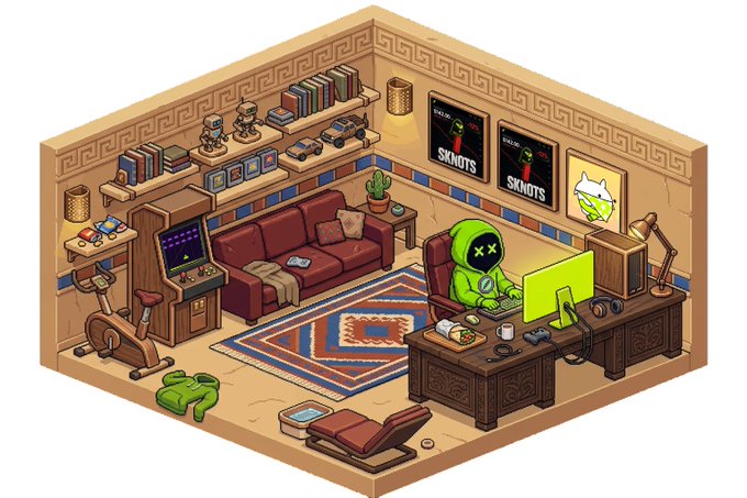 An isometric pixel art room showing a person in a green hoodie sitting at a computer desk, with a couch, arcade machine, and posters reading 'I [heart] SKNUTS' on the wall.