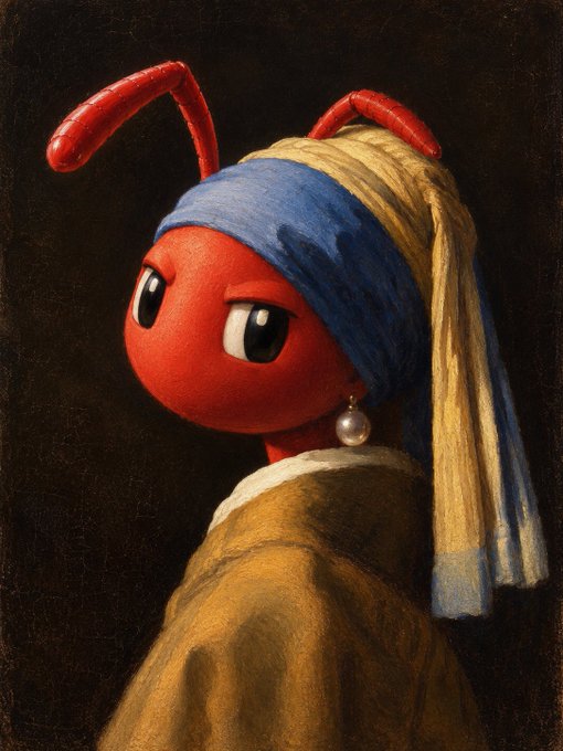 An artistic painting parodying the Girl with a Pearl Earring, featuring a red ant-like creature wearing a blue and yellow turban and a pearl earring.