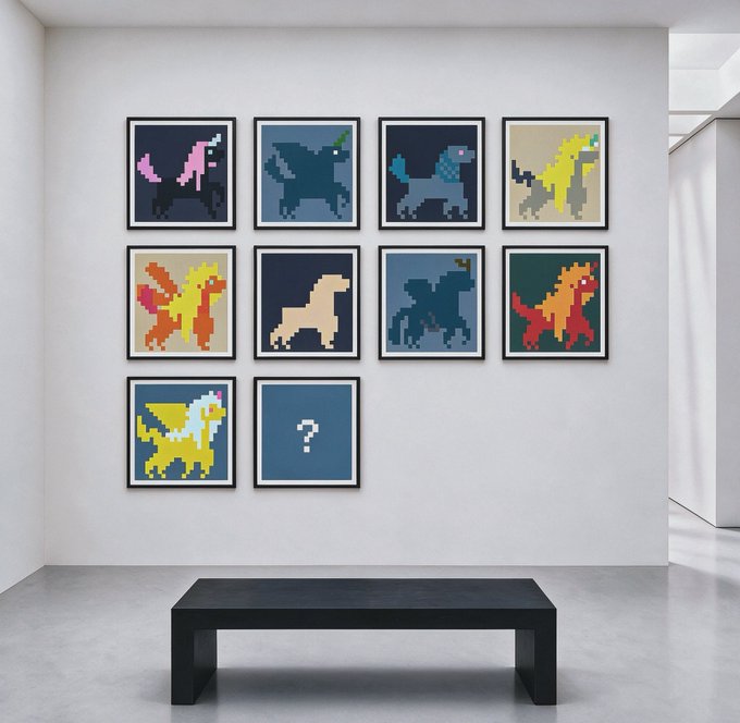 A gallery wall displaying 10 framed pixel-art horse prints, with the final frame showing a question mark, suggesting a collectible NFT series.