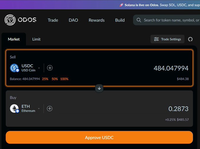 The image shows a screenshot of a trade dashboard on the Odos trading platform. The main focus is the "Sell USDC" button, which has a value of $4.49 million for 4.48 millions. It's a trade that allows users to sell their USDC coins for this amount in cryptocurrency. In addition, there are other options available on the dashboard like using the "Sell ETH", "Hold", and "Sell Phantom" buttons with different values provided by Odos. The post also mentions that there is an Odos loyalty program offering rewards if the user's account is active on Odos protocol.